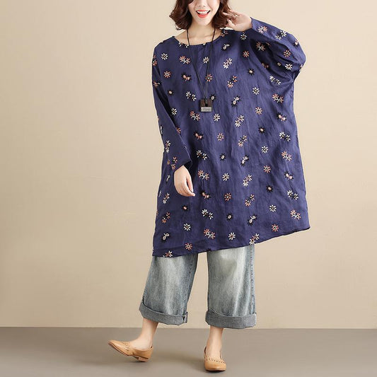 Cotton Floral Women Casual Loose  Round Collar Long Sleeves Blue Dress