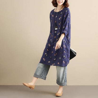 Cotton Floral Women Casual Loose  Round Collar Long Sleeves Blue Dress