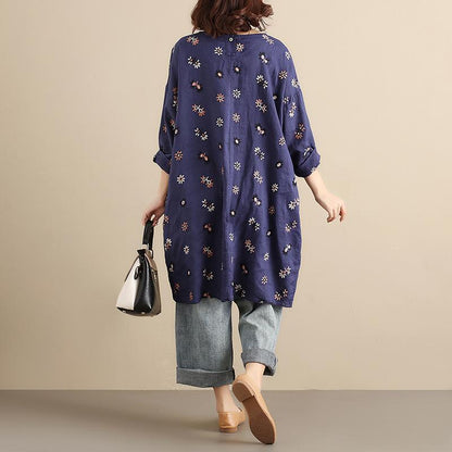 Cotton Floral Women Casual Loose  Round Collar Long Sleeves Blue Dress