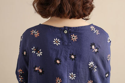 Cotton Floral Women Casual Loose  Round Collar Long Sleeves Blue Dress