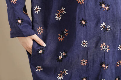 Cotton Floral Women Casual Loose  Round Collar Long Sleeves Blue Dress