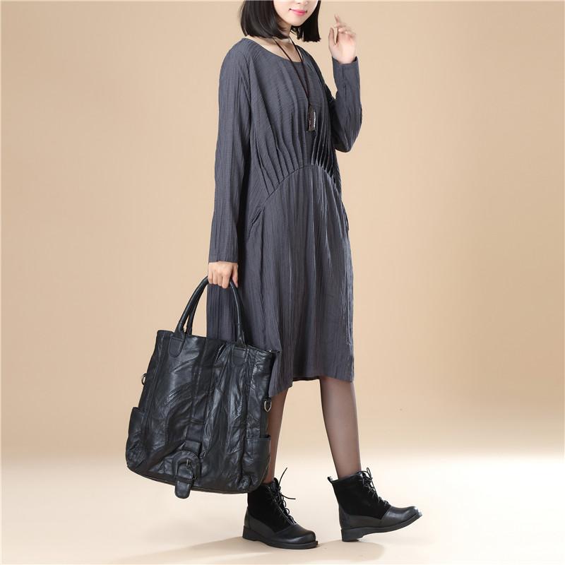 Round Neck Pleated Elegant Women Stripe Split Gray Dress