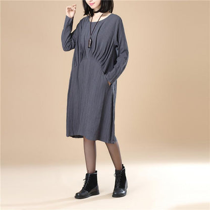 Round Neck Pleated Elegant Women Stripe Split Gray Dress