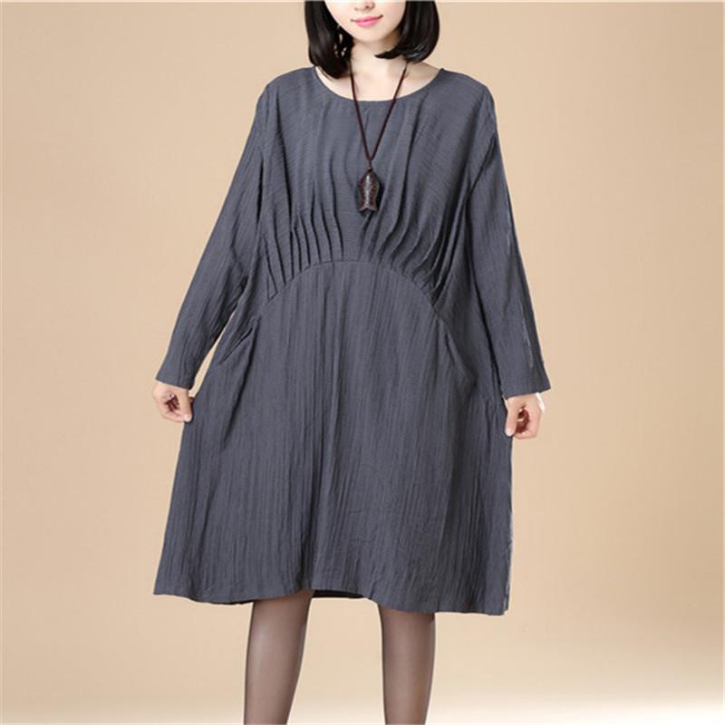 Round Neck Pleated Elegant Women Stripe Split Gray Dress
