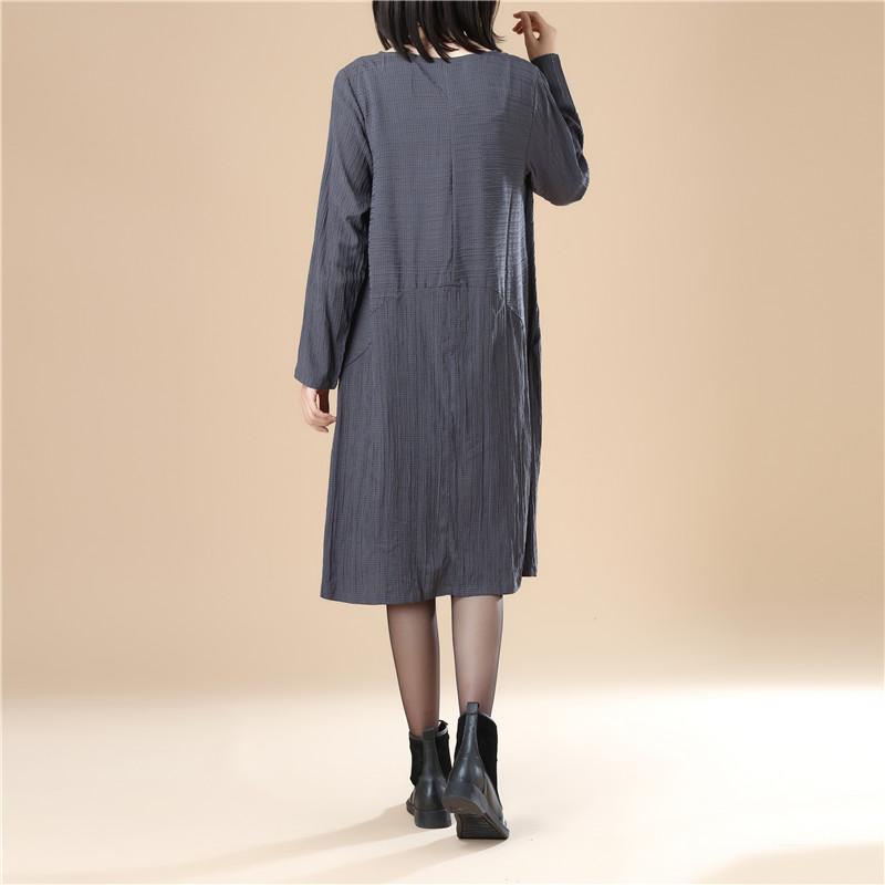 Round Neck Pleated Elegant Women Stripe Split Gray Dress