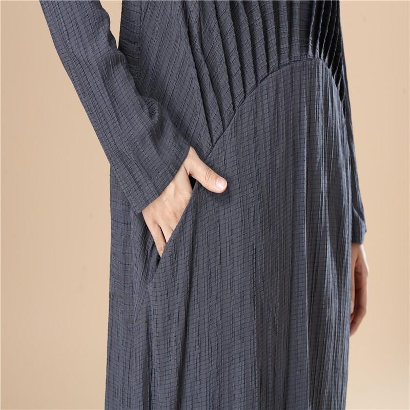 Round Neck Pleated Elegant Women Stripe Split Wine Red Dress