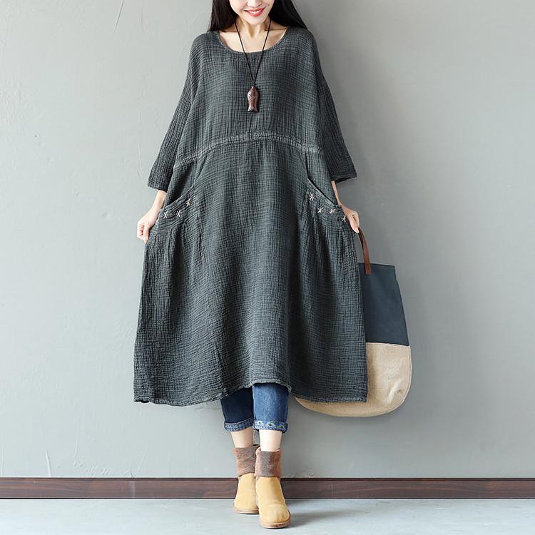 Retro String Pocket Women Dark Gray Dress