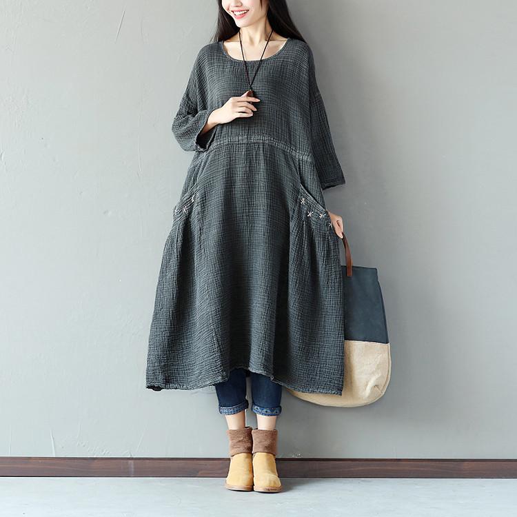 Retro String Pocket Women Dark Gray Dress