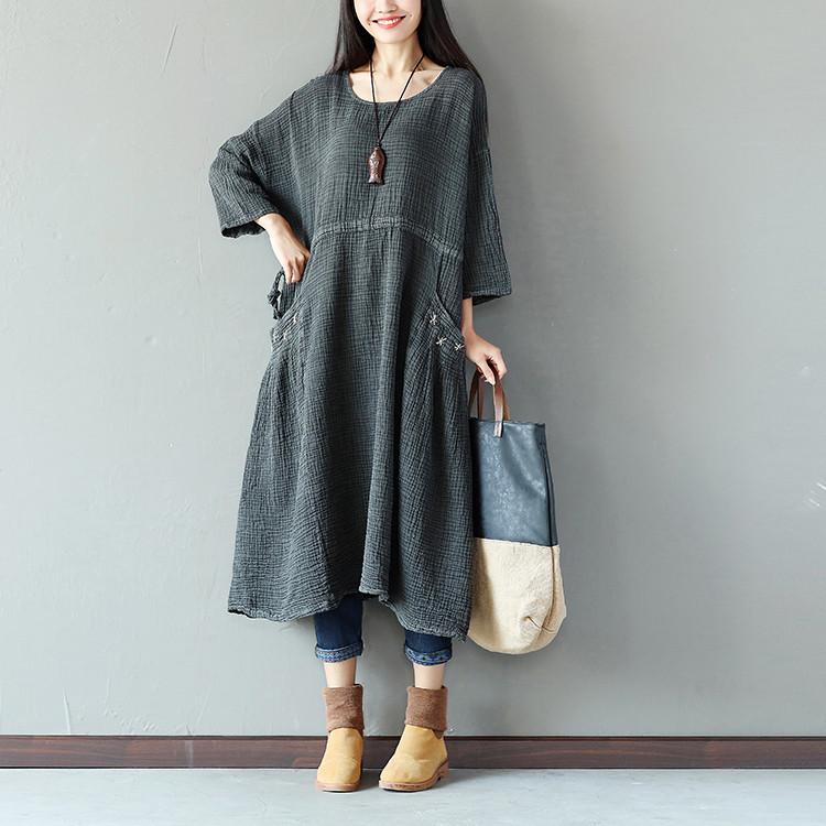 Retro String Pocket Women Dark Gray Dress