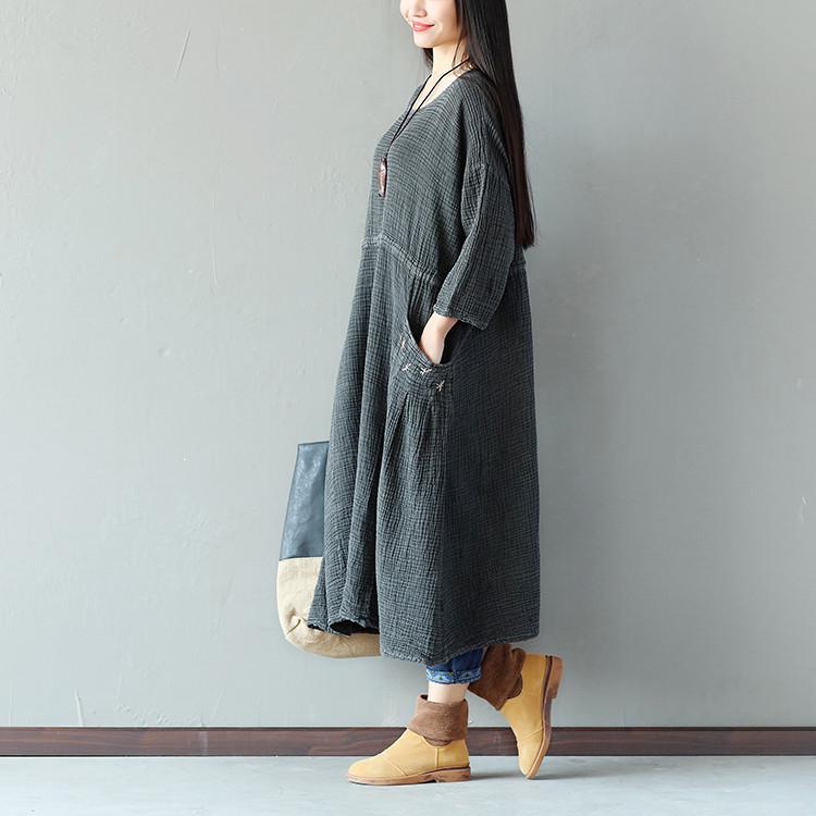 Retro String Pocket Women Dark Gray Dress