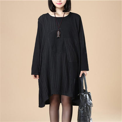 Women Lattice Stripe Splicing Long Sleeves Black Dress