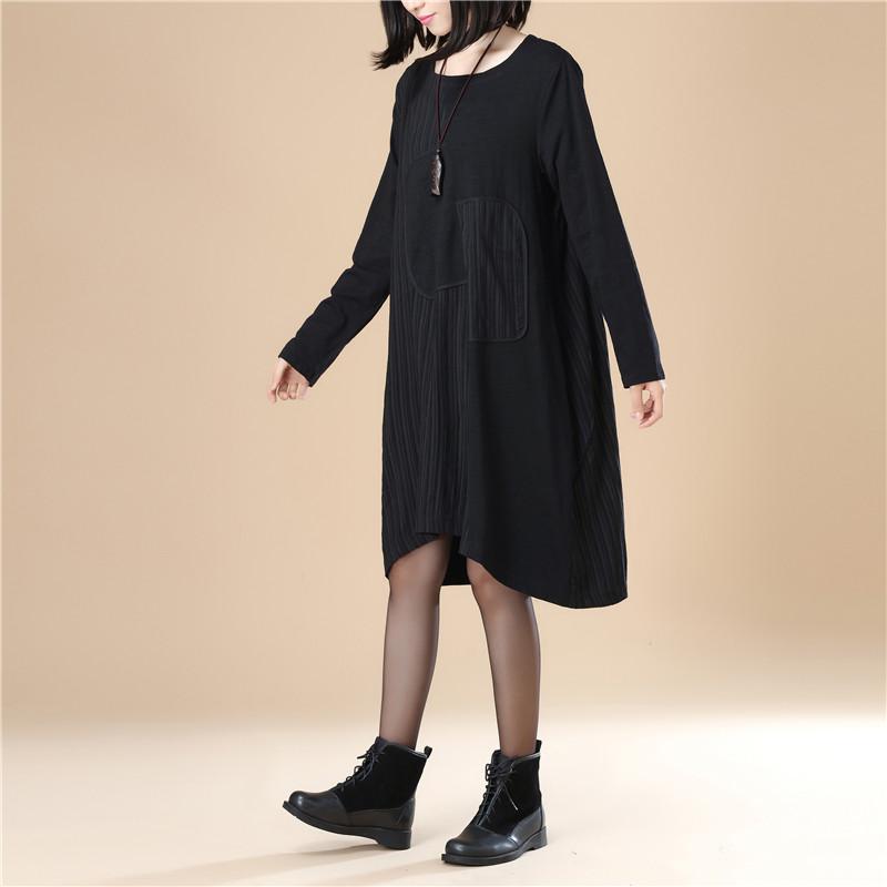 Women Lattice Stripe Splicing Long Sleeves Black Dress