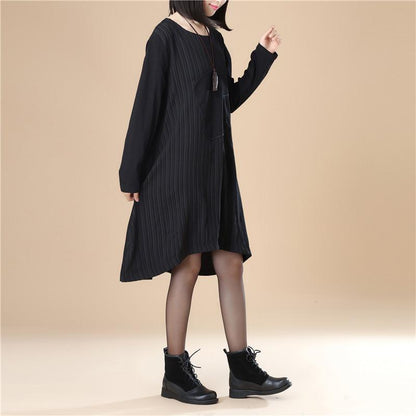 Women Lattice Stripe Splicing Long Sleeves Black Dress