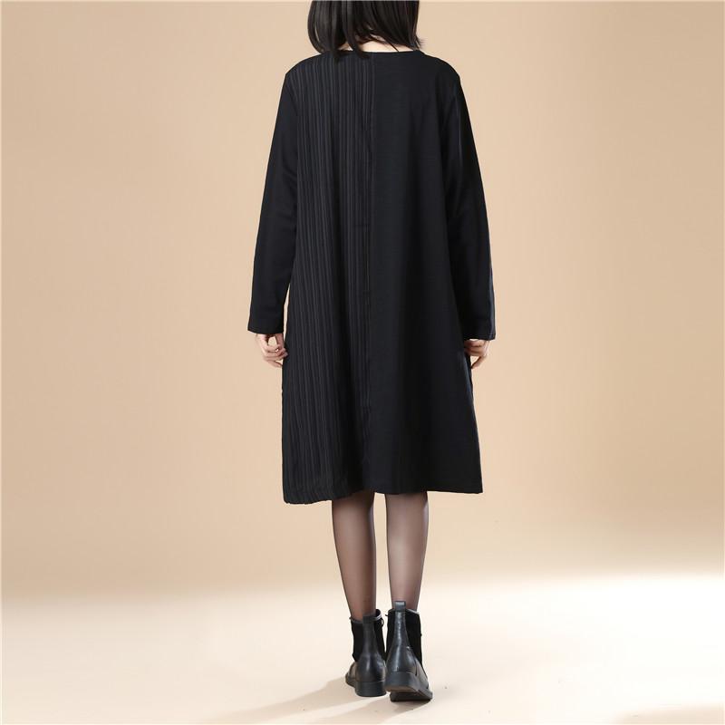 Women Lattice Stripe Splicing Long Sleeves Black Dress