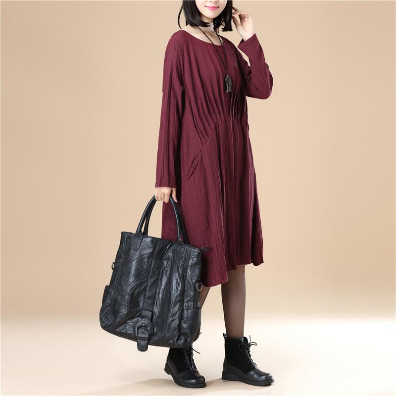 Round Neck Pleated Elegant Women Stripe Split Wine Red Dress