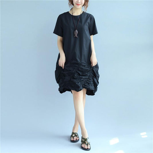 Cotton Women Loose Folded Summer Irregular Black Dress