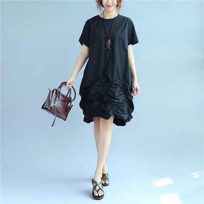 Cotton Women Loose Folded Summer Irregular Black Dress