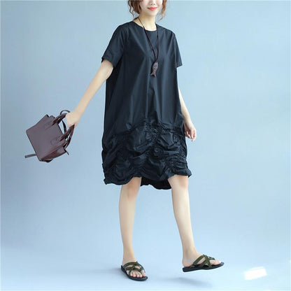 Cotton Women Loose Folded Summer Irregular Black Dress