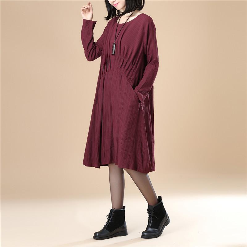 Round Neck Pleated Elegant Women Stripe Split Wine Red Dress