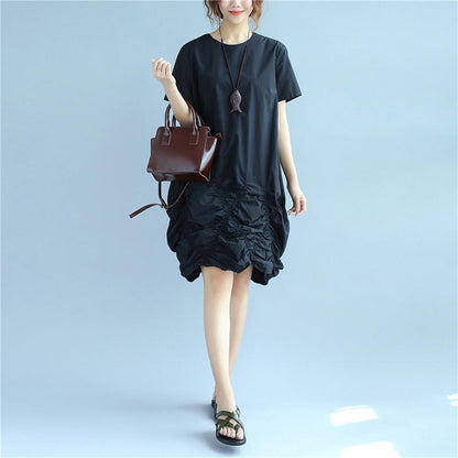 Cotton Women Loose Folded Summer Irregular Black Dress