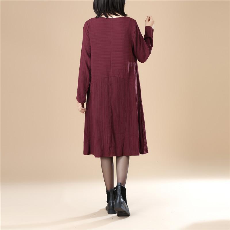 Round Neck Pleated Elegant Women Stripe Split Wine Red Dress