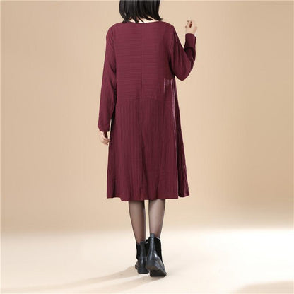Round Neck Pleated Elegant Women Stripe Split Wine Red Dress