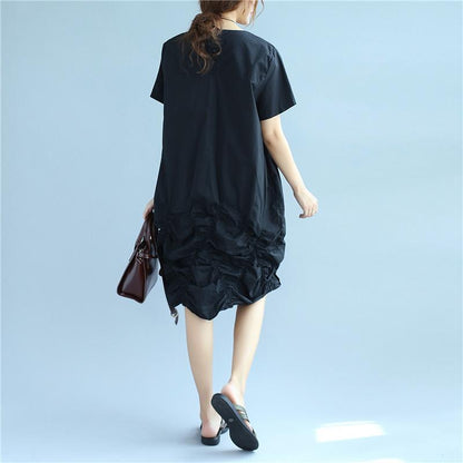 Cotton Women Loose Folded Summer Irregular Black Dress
