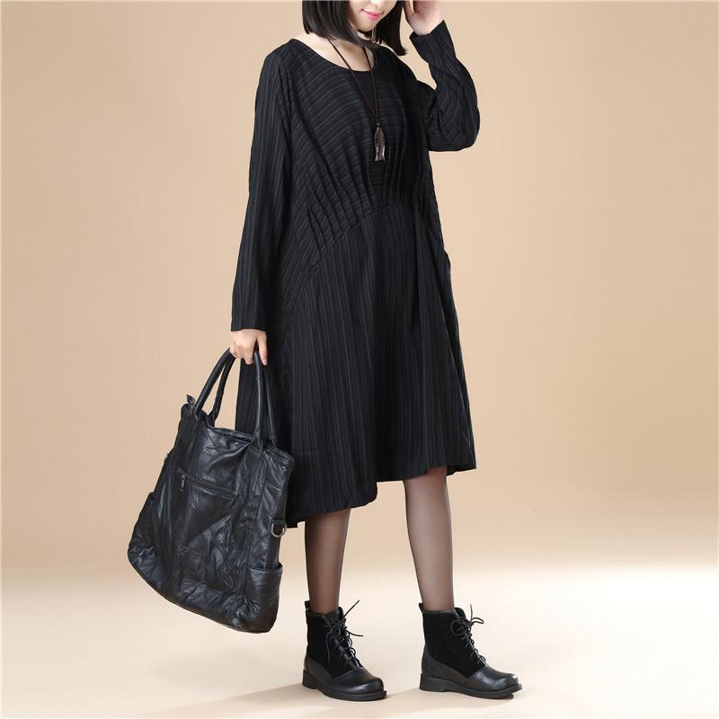 Round Neck Pleated Elegant Women Stripe Split Black Dress