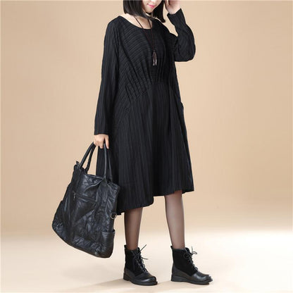 Round Neck Pleated Elegant Women Stripe Split Black Dress