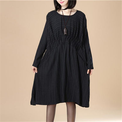 Round Neck Pleated Elegant Women Stripe Split Black Dress