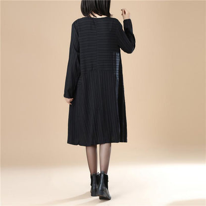 Round Neck Pleated Elegant Women Stripe Split Black Dress