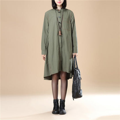 Stand Collar Cotton Chinlon Stylish Women Split Army Green Dress