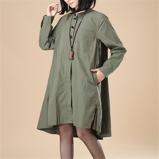 Stand Collar Cotton Chinlon Stylish Women Split Army Green Dress
