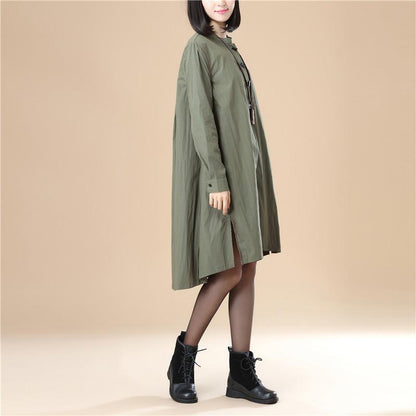 Stand Collar Cotton Chinlon Stylish Women Split Army Green Dress