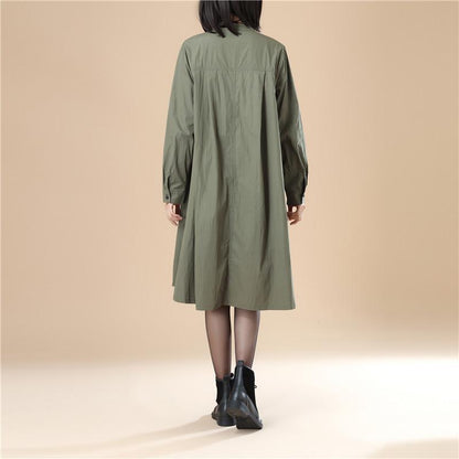 Stand Collar Cotton Chinlon Stylish Women Split Army Green Dress