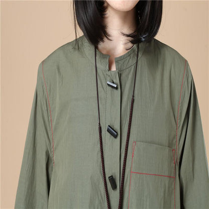 Stand Collar Cotton Chinlon Stylish Women Split Army Green Dress