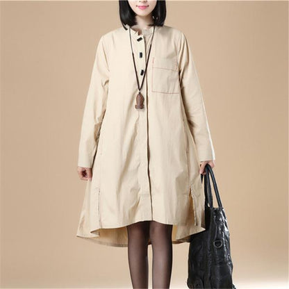 Stand Collar Cotton Chinlon Stylish Women Split Army Green Dress