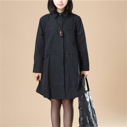 Chic Women Polo Collar Loose Elastic Band Black Shirt