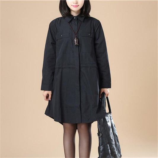 Chic Women Polo Collar Loose Elastic Band Black Shirt