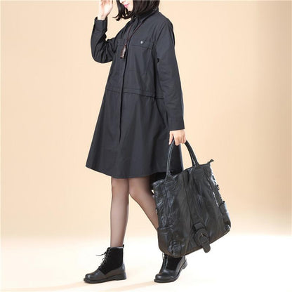 Chic Women Polo Collar Loose Elastic Band Black Shirt