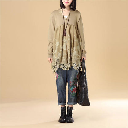 Women Embroidered Long Sleeve Khaki Pleated Sweater Dress