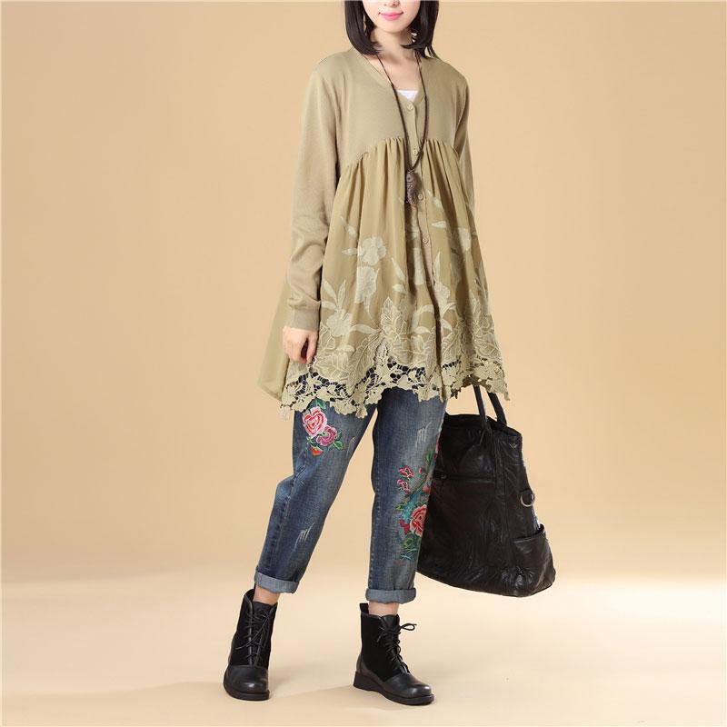 Women Embroidered Long Sleeve Khaki Pleated Sweater Dress