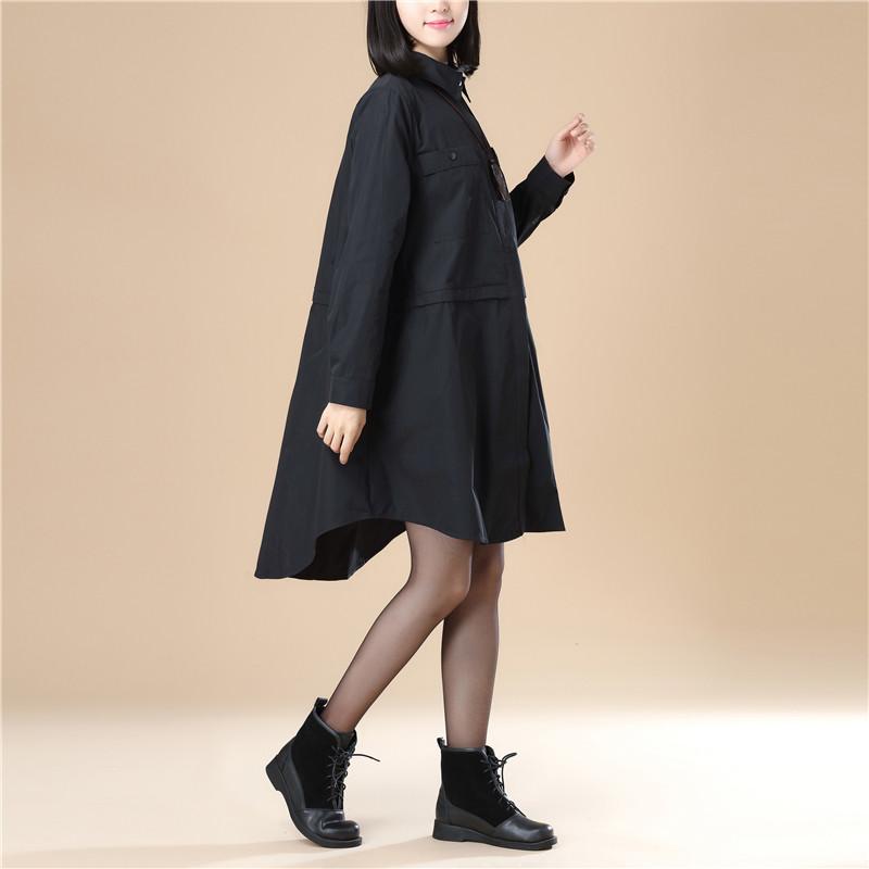 Chic Women Polo Collar Loose Elastic Band Black Shirt
