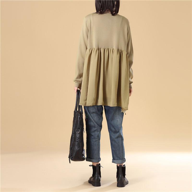 Women Embroidered Long Sleeve Khaki Pleated Sweater Dress