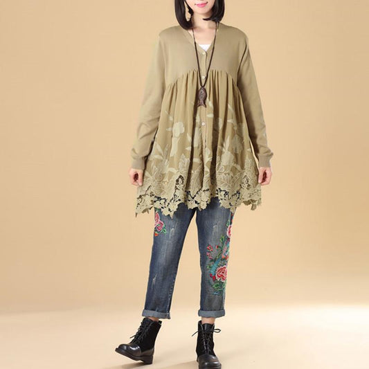 Women Embroidered Long Sleeve Khaki Pleated Sweater Dress
