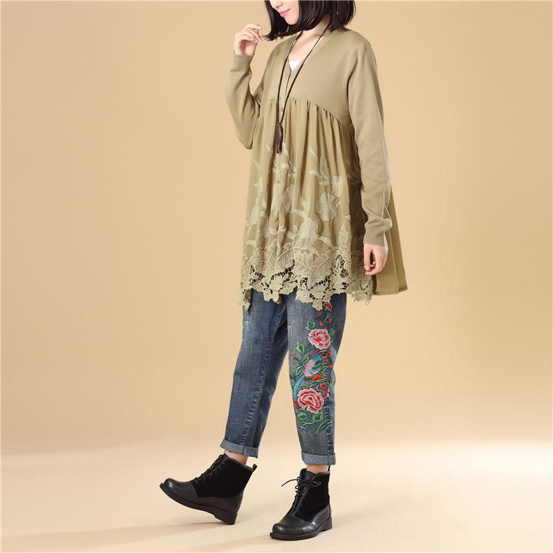 Women Embroidered Long Sleeve Khaki Pleated Sweater Dress