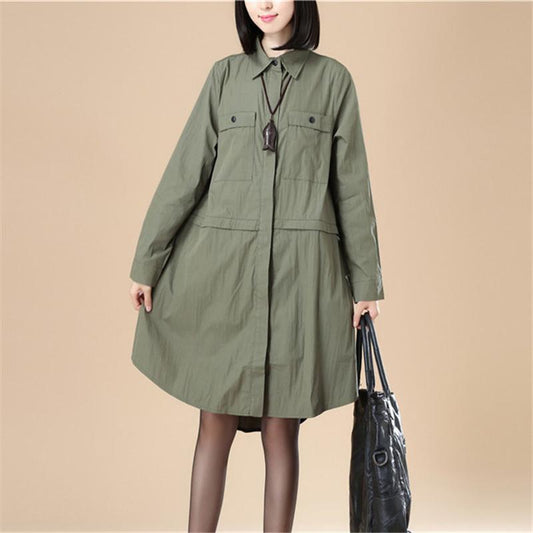 Chic Women Polo Collar Loose Elastic Band Army Green Shirt