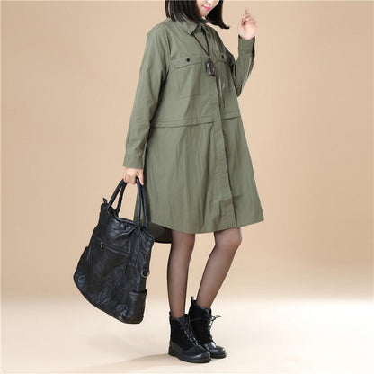 Chic Women Polo Collar Loose Elastic Band Army Green Shirt