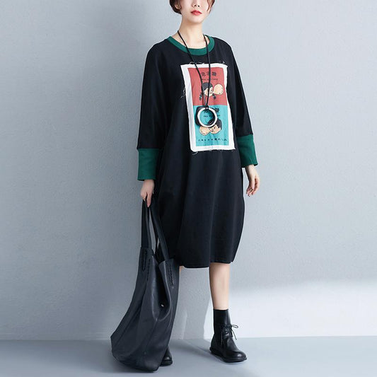 Women Long Sleeve Splicing Cartoon Applique Black Dress