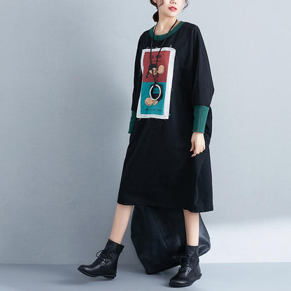 Women Long Sleeve Splicing Cartoon Applique Black Dress